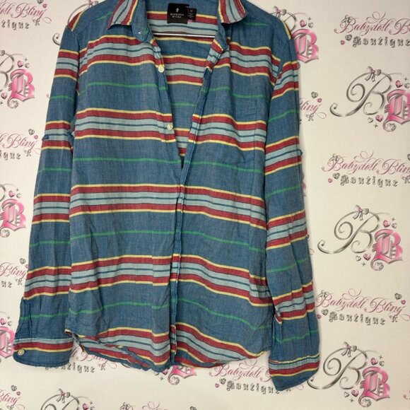 Hawkings McGill collared shirt button down long sleeve blue yellow red stripe - Picture 9 of 9